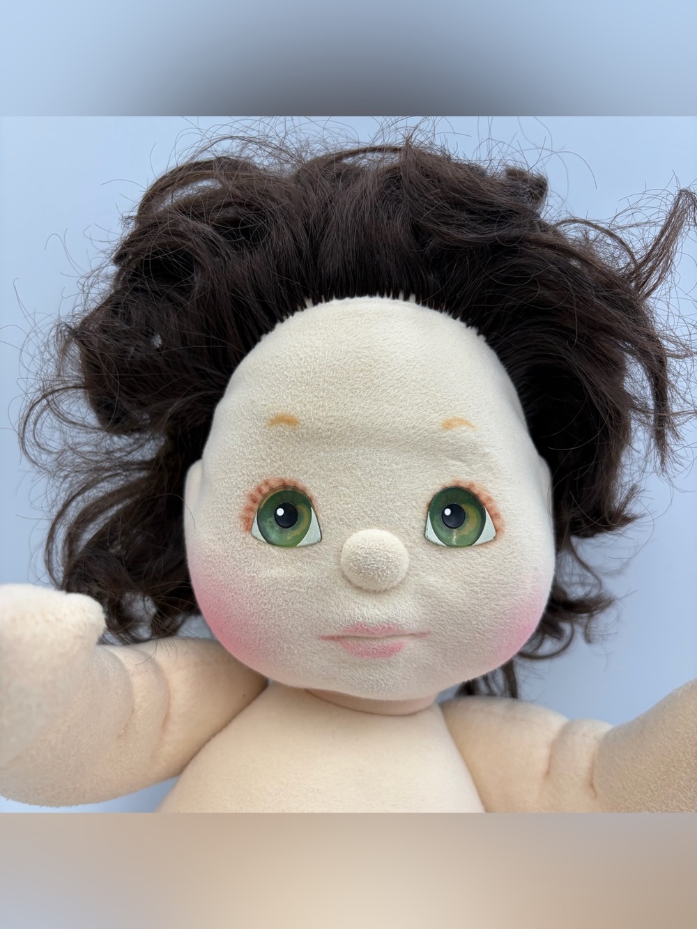 Vintage 1985 Mattel My Child Girl Doll Curly Dark Hair Green Eyes Jointed